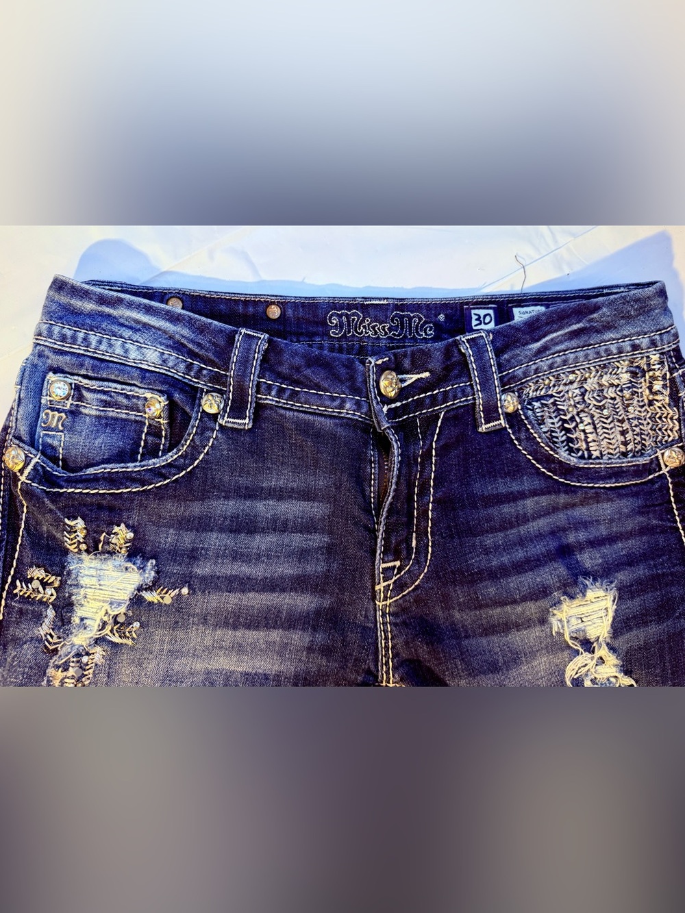 Miss Me Women's Indigo Skinny Jeans with White Stitching